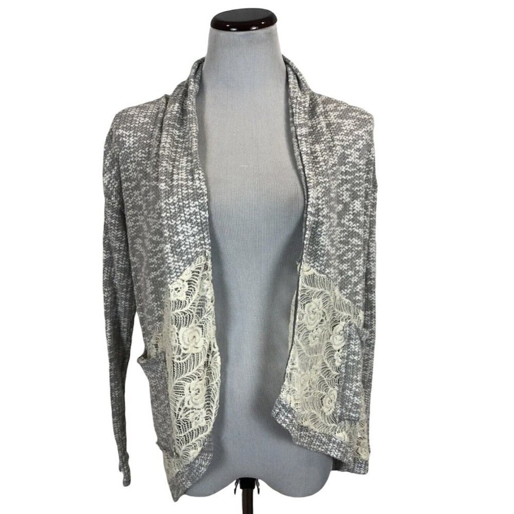 Miss Me Cardigan Sweater‎ Womens Small Ivory Lace on Gray Open Front Bohemian